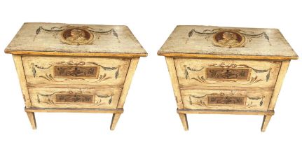 A PAIR OF CONTINENTAL PAINTED COMMODE CHEST OF DRAWERS, the tops painted with oval portrait above