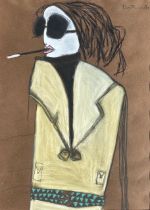PATRICIA DOUTHWAITE, SCOTTISH, 1939 - 2002, PASTEL ON BROWN PAPER Untitled, three quarter length