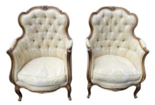 A PAIR OF LATE 19TH CENTURY FRENCH LOUIS XVI DESIGN CARVED GILTWOOD OPEN ARMCHAIRS The scrolling