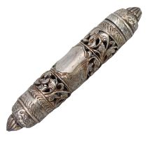 A LATE 19TH/EARLY 20TH CENTURY PIERCED SILVER SCROLL CASE Cylindrical body pierced with chased and