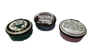 BATTERSEA OR SOUTH STAFFORDSHIRE, THREE 18TH CENTURY ENGLISH ENAMEL PATCH BOXES OF OVULAR FORM,