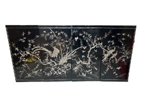 FOUR CHINESE BLACK LACQUERED AND MOTHER OF PEARL INLAY PANELS, DECORATED WITH BIRDS AND PHEASANTS