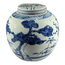 A LARGE 19TH CENTURY CHINESE BLUE & WHITE ‘THREE FRIENDS OF WINTER’ GINGER JAR AND LID. (h 21cm x