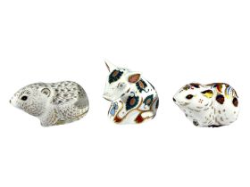 THREE ROYAL CROWN DERBY PAPERWEIGHTS Comprising Snuffle, Bank Vole and River Bank Vole. (largest 6.