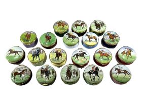 KINGSLEY ENAMELS & CRUMMELS, A COLLECTION OF NINETEEN VINTAGE HORSE RACING THEMED ENAMEL BOXES, EACH