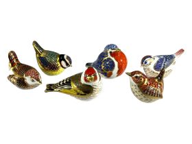 SIX ROYAL CROWN DERBY PAPERWEIGHTS Comprising Goldfinch, Robin, Blue Tit, Jenny Wren, Wren and one