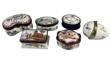 BATTERSEA OR SOUTH STAFFORDSHIRE, SIX 18TH CENTURY ENGLISH ENAMEL PATCH BOXES To include egg
