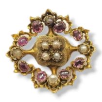 A 20TH CENTURY SOUTH-EAST ASIA YELLOW METAL, AMETHYST AND PEARL BROOCH (YELLOW METAL TESTS AS