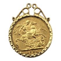 A VICTORIAN 22CT GOLD FULL SOVEREIGN, DATED 1894, HOUSED IN A 9CT GOLD PENDANT MOUNT. (30mm x