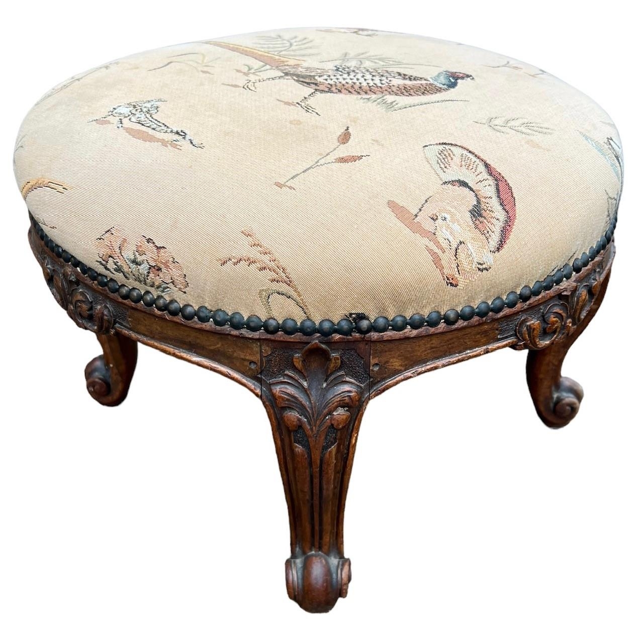 GILLOWS, A 19TH CENTURY CARVED WALNUT CIRCULAR FOOTSTOOL The upholstered top, raised on four - Image 5 of 8