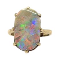 ART DECO STYLE WHITE METAL AND OPAL RING, WHITE METAL TESTES AS 14CT GOLD Oval flat cut opal (approx