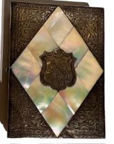 A 19TH CENTURY MOTHER OF PEARL AND SILVER INLAID CARD CASE Central shield cartouche, monogrammed ‘