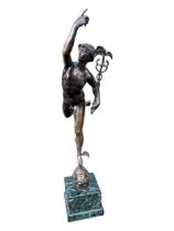 F. BARBEDIENNE, 1810 - 1892, A 19TH CENTURY FRENCH BRONZE FIGURE OF MERCURY/HERMES ON MARBLE BASE,