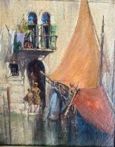 A 20TH CENTURY ITALIAN OIL ON BOARD, VENETIAN CANAL SCENE With figures and boat, signed lower