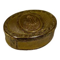 A 19TH CENTURY FRENCH GILT OVAL HINGED BOX Having central oval plaque depicting ruins and precious