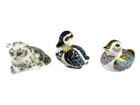 THREE ROYAL CROWN DERBY PAPERWEIGHTS Comprising two Ducklings and Millie Kitten. (largest 7.2cm)