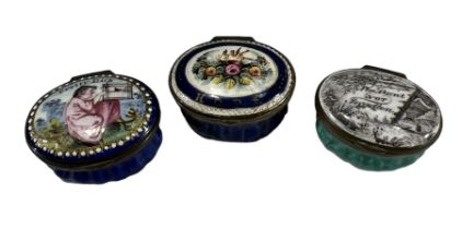 BATTERSEA OR SOUTH STAFFORDSHIRE, THREE 18TH CENTURY ENGLISH ENAMEL PATCH BOXES OF OVULAR FORM All