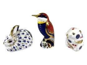 THREE ROYAL CROWN DERBY PAPERWEIGHTS Comprising Harvest Mouse, Rabbit and Bee-eater. (largest 10.