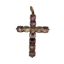 A VICTORIAN ROSE METAL AND AMETHYST CROSS PENDANT (ROSE METAL TESTED AS 9CT ROSE GOLD) Eleven square