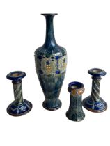 A COLLECTION OF FOUR ROYAL DOULTON STONEWARE VASES AND CANDLESTICKS Large vase impressed ‘6463’,