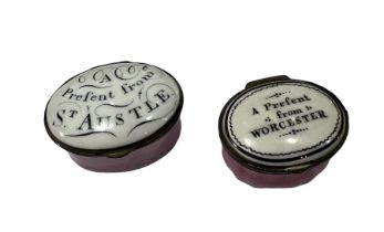 BATTERSEA OR SOUTH STAFFORDSHIRE, TWO 18TH CENTURY ENGLISH ENAMEL PATCH BOXES, BOTH HAVING