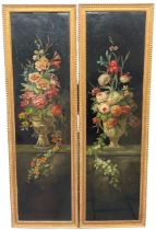 A LARGE PAIR OF 18TH CENTURY DUTCH OIL ON CANVAS, STILL LIFE, FLOWERS IN LOBED URNS ON A STONE LEDGE