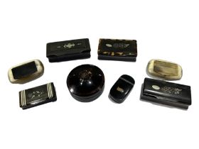 A COLLECTION OF EIGHT 19TH CENTURY HORN SNUFF BOXES, SOME HAVING SILVER/GOLD INLAY. (largest 2.6cm x