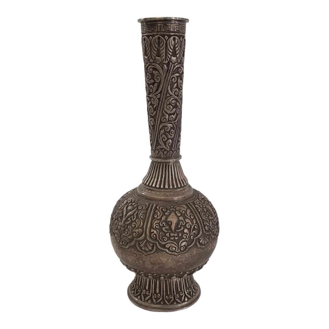 A 19TH CENTURY ASIAN WHITE METAL ROSE WATER BOTTLE/VASE Having fine embossed and chased decoration - Image 2 of 3