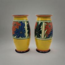 CLARICE CLIFF, FANTASQUE RANGE, A PAIR OF ART DECO BALUSTER VASES Umbrella pattern, Circa 1929,