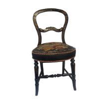 A MID VICTORIAN PAPIER-MACHE AND MOTHER OF PEARL INLAID AND EBONISED BALLOON BACK CHILD'S CHAIR With