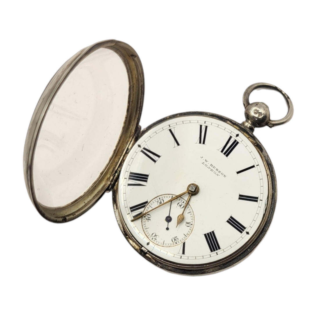 J.W. BENSON, VICTORIAN SILVER GENT’S POCKET WATCH Open face with mechanical key wound movement, - Bild 3 aus 4