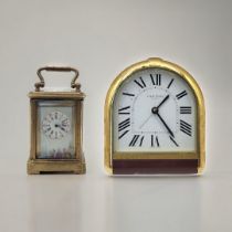 A MINIATURE SÈVRES STYLE FRENCH PORCELAIN AND POLISHED BRASS CARRIAGE CLOCK Having a glass top