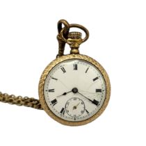 AN EARLY 20TH CENTURY GOLD PLATED LADIES’ POCKET WATCH AND GUARD CHAIN Open face with engraved