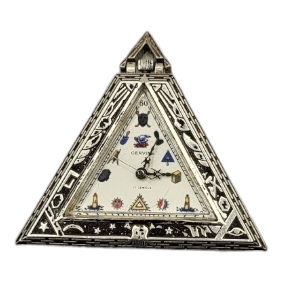 A SILVER PLATE CERVINE MASONIC TRIANGULAR POCKET WATCH Freemason iconography markers on dial with - Image 3 of 3