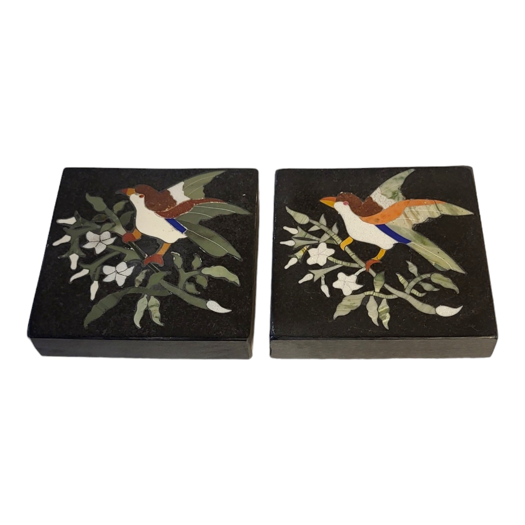 A PAIR OF PIETRA DURA BLACK MARBLE COASTERS Inlaid with coloured stones providing a bird and - Image 3 of 3