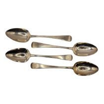 A SET OF FOUR GEORGIAN SILVER TABLESPOONS Plain form with engraved initial and marked ‘Craven Arms’,