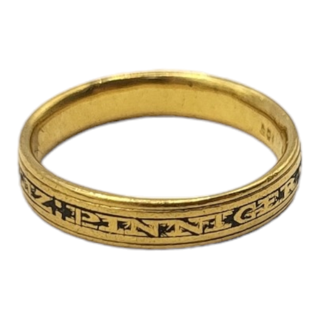 A GEORGIAN SILVER GILT AND ENAMEL MOURNING RING Marked in blue Enamel 'Ettz Pinniger Ob 21 Feb 1799, - Image 3 of 4