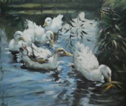CIRCLE OF BRACERAS, SPANISH, 20TH CENTURY OIL ON CANVAS Ducks, unsigned, heavy decorative silvered