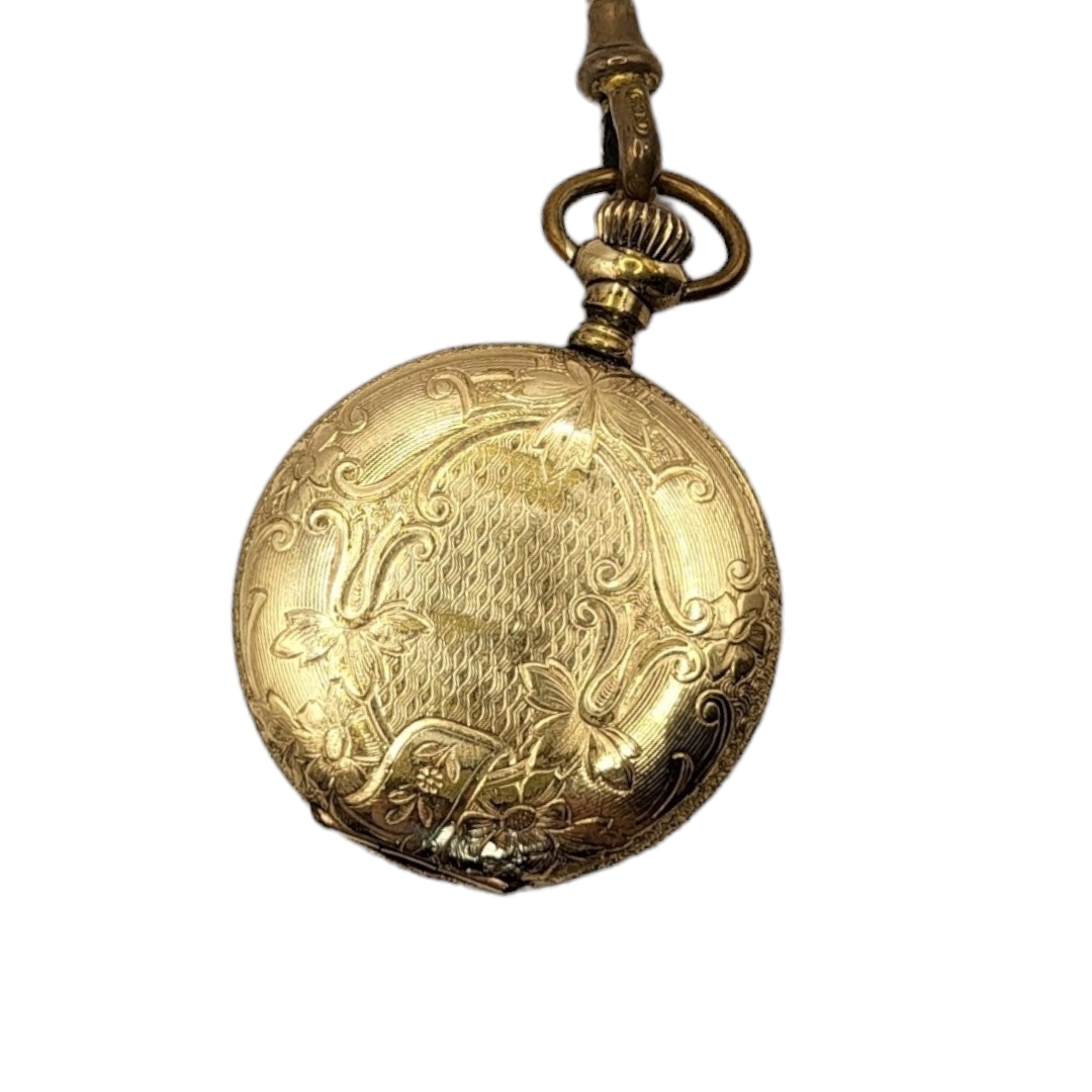 AN EARLY 20TH CENTURY GOLD PLATED LADIES’ POCKET WATCH AND GUARD CHAIN Open face with engraved - Image 3 of 3