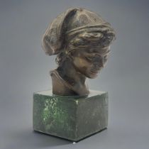 AFTER JULES DALOU, 1838 - 1902, A BRONZE BUST OF AN ITALIAN ADOLESCENT BOY On green faux marble