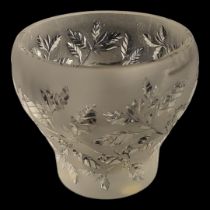 LALIQUE, A VINTAGE FROSTED GLASS CANDLE HOLDER Having embossed leaf design, engraved mark to base,