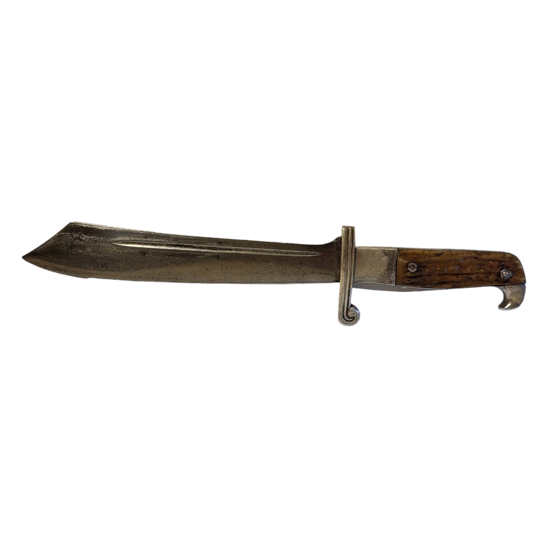 A GERMAN WWII RAD MAN'S DAGGER AND SCABBARD With eagle head horn grip, white metal mounts, by - Image 8 of 9