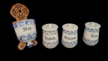 A COLLECTION OF THREE EARLY 20TH CENTURY CONTINENTAL BLUE AND WHITE PORCELAIN STORAGE JARS Marked ‘