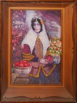 UNKNOWN ARTIST (XX), MIXED MEDIA PORTRAIT Seated Arabian woman with bejeweled clothing handling