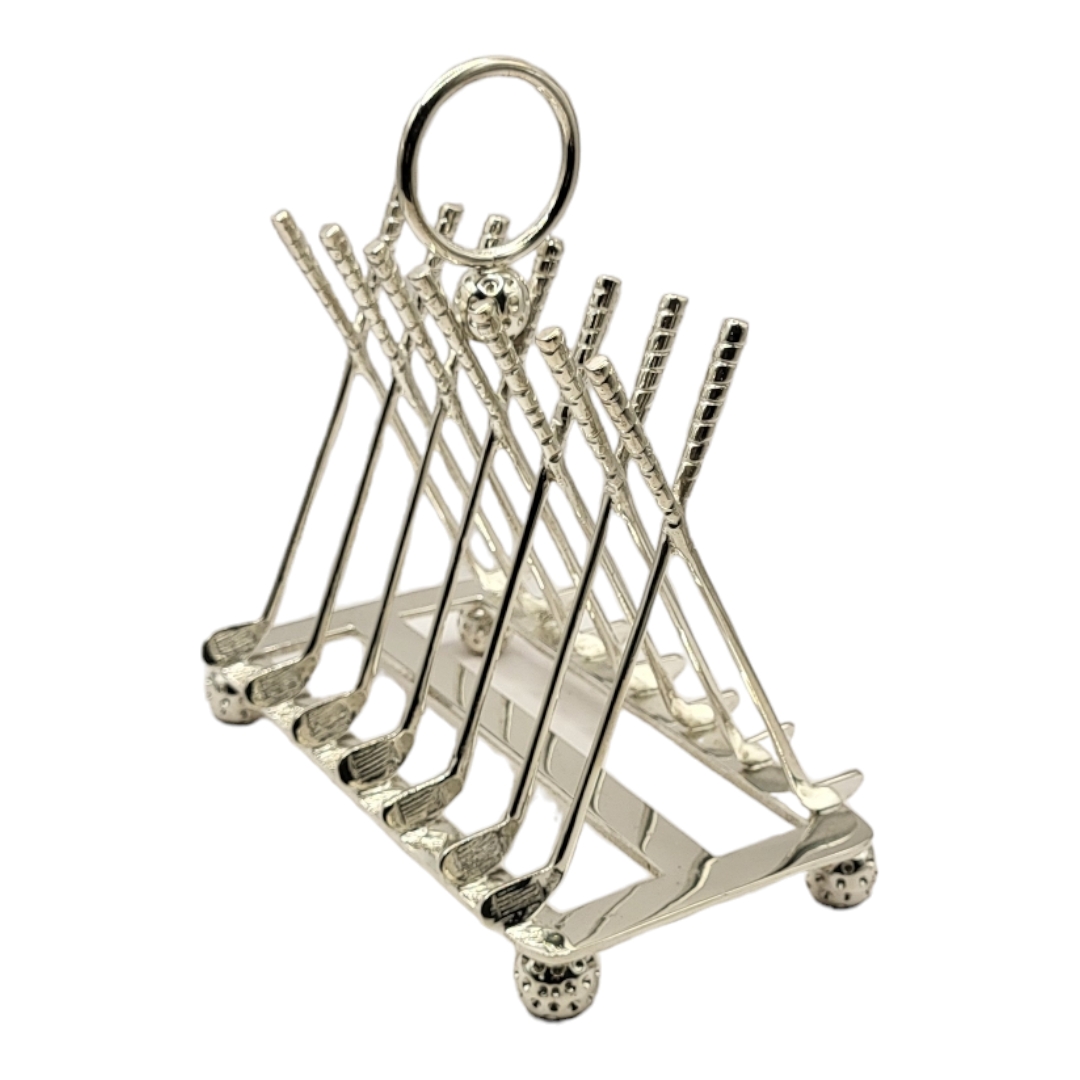 AN ART DECO STYLE SILVER PLATED TOAST RACK Having golf club dividers on rectangular base terminating