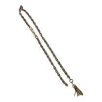 A VICTORIAN YELLOW METAL ALBERTINA WATCH CHAIN Scrolled pierced links and tassel drop. (approx 40cm)