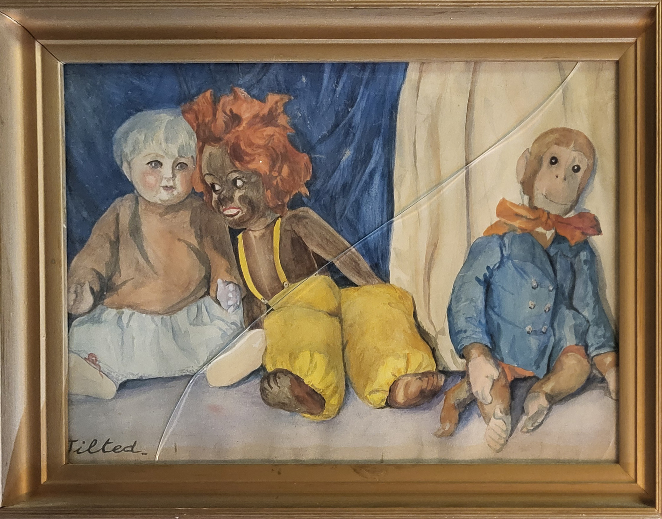 A MID 20TH CENTURY WATERCOLOUR, a group of bisque headed character bebe dolls and two soft toys, - Image 2 of 4