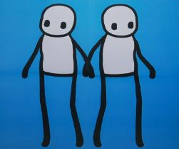 A CONTEMPORARY TEAL STICKMAN ‘HOLDING HANDS’ PRINT, AFTER STIK The London based artist. (85cm x