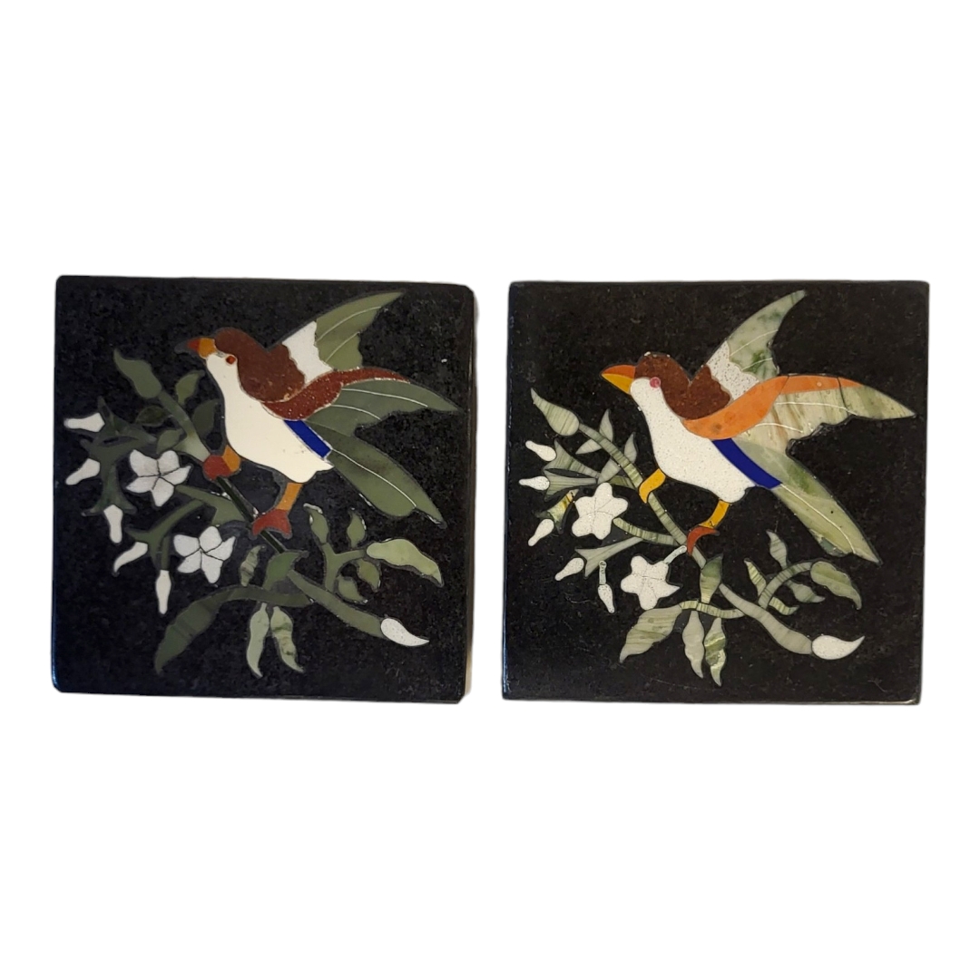 A PAIR OF PIETRA DURA BLACK MARBLE COASTERS Inlaid with coloured stones providing a bird and - Image 2 of 3