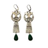 A PAIR OF EGYPTIAN REVIVAL STYLE STERLING SILVER AND JADEITE DROP STONE EARRINGS. Condition: good